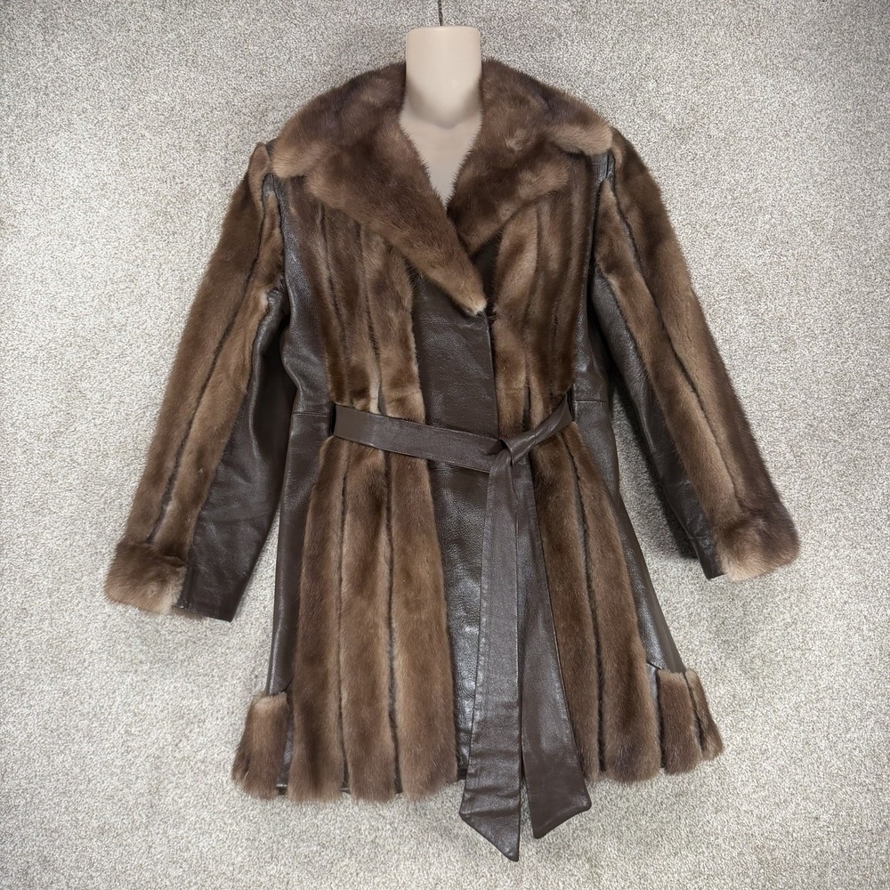 VTG Mink Fur Leather Belted Coat Bon Marche S Exotic Luxury Mob Wife Old Money